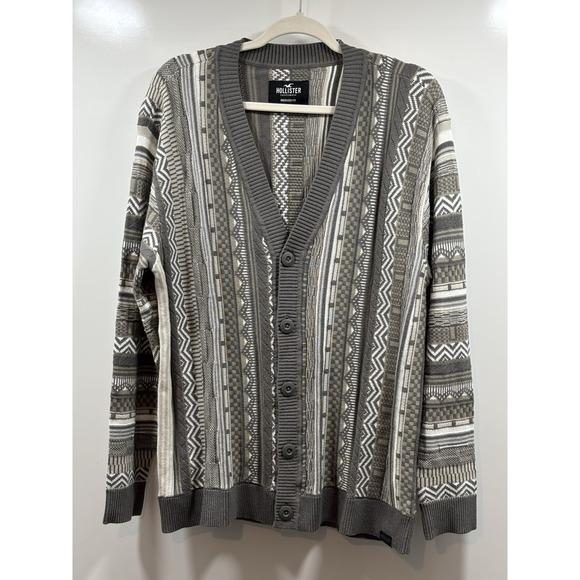 Hollister Men's Oversized Grandpa Cardigan Sweater Coogi‎ Style Gray Size Medium - Picture 1 of 8
